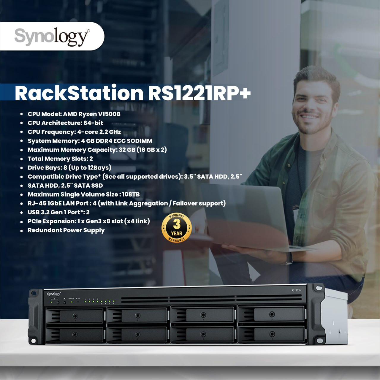 Synology RackStation RS1221RP+ 8bays NAS(Up to 12bays), RAM 4GB(Up to 32GB), Redundant power