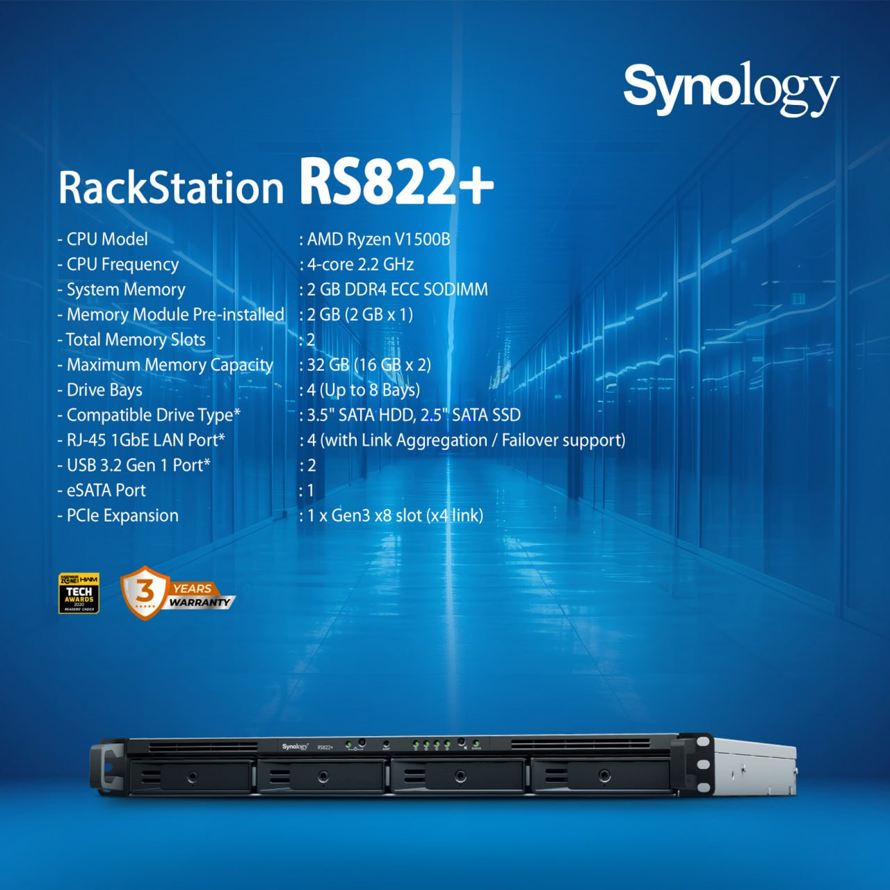 Synology RS822+ 4-bay RackStation (up to 8-bay), 2GB RAM (up to 32 GB)