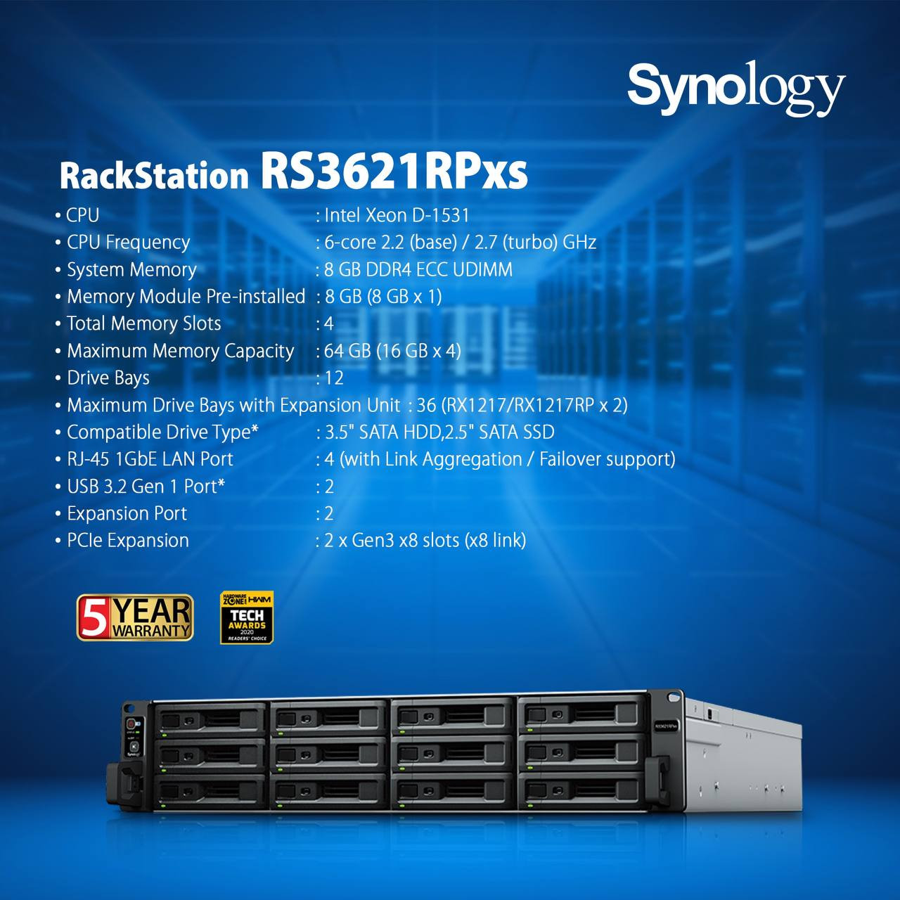 Synology RackStation RS3621RPxs 12-bays(Up to 36Bays),RAM 8GB(Up to 64GB),Redundant power